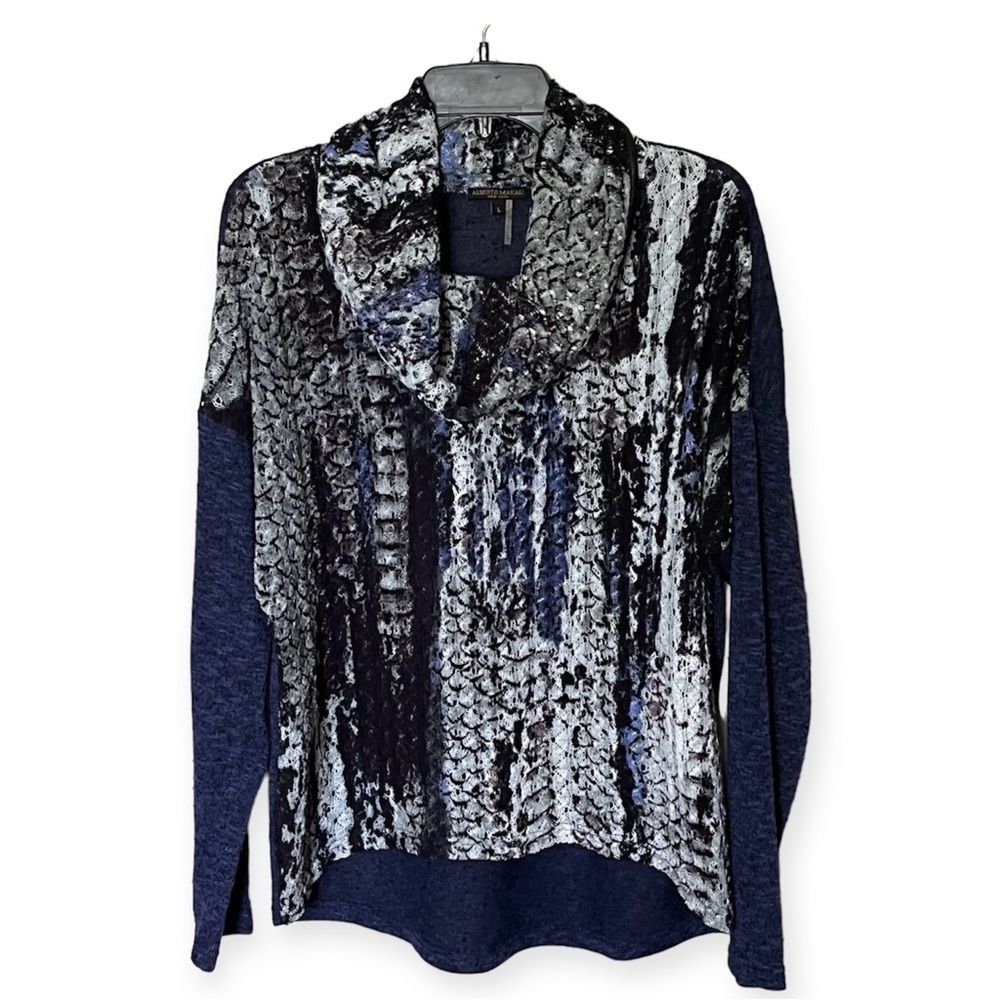 Alberto Makali Blue Print Cowl Neck Sheer High Low Blouse Top Shirt Size Large